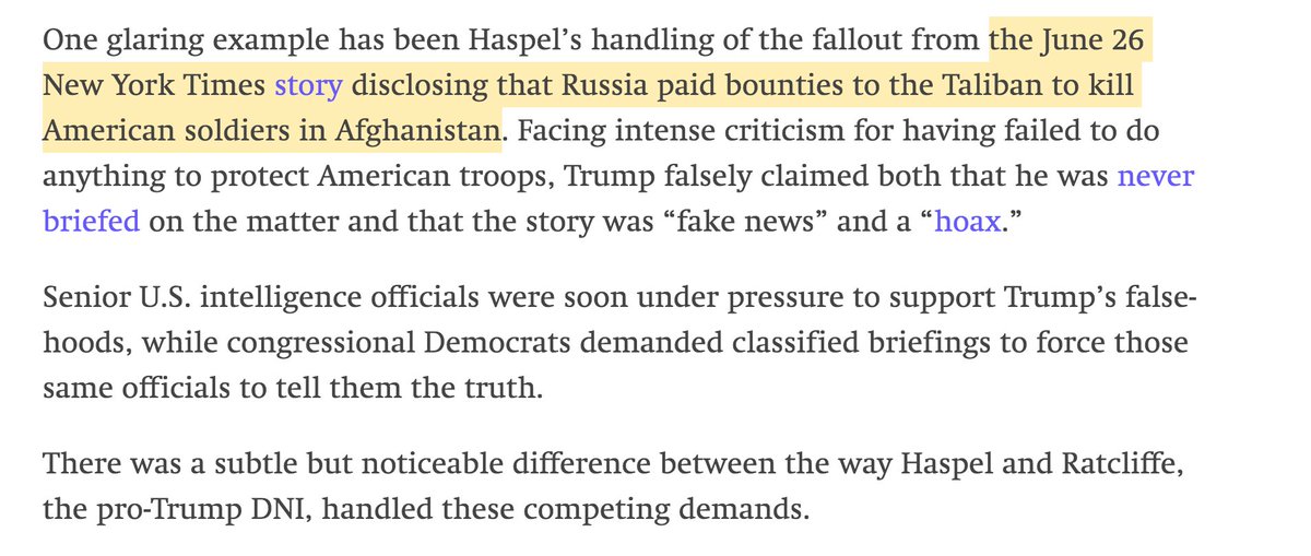 . @matthewacole & James Risen of  @theintercept write that NYT "disclos[ed] that Russia paid bounties to the Taliban." NYT didn't "disclose" that Russian paid bounties; it *alleged* it. Big difference. Especially since US intel is divided on the allegation, as NYT later reported.