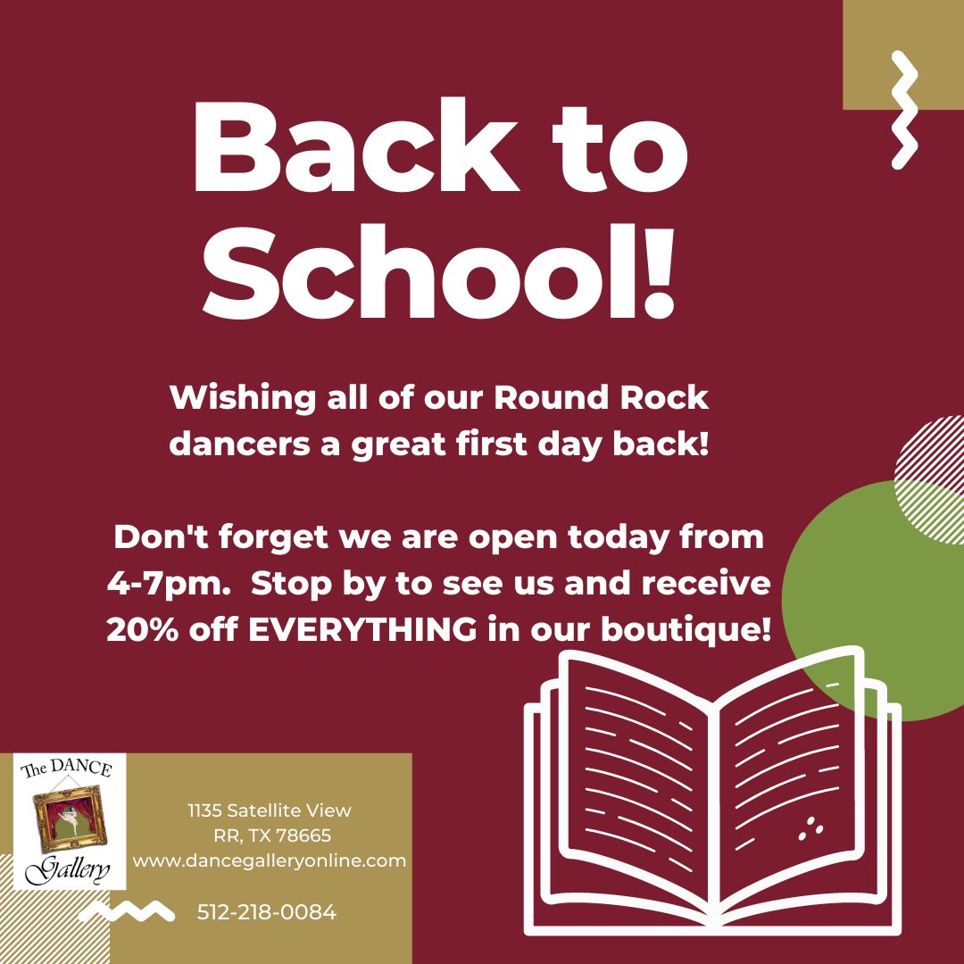 TheDanceGallery's tweet photo. Happy first day back to school to all Round Rock dancers!!! 

Our classes begin Tuesday, September 8th.  Registration is now OPEN. We can’t wait to dance with you soon! #backtoschool #tdg2021 https://t.co/hLc5vRLBMt