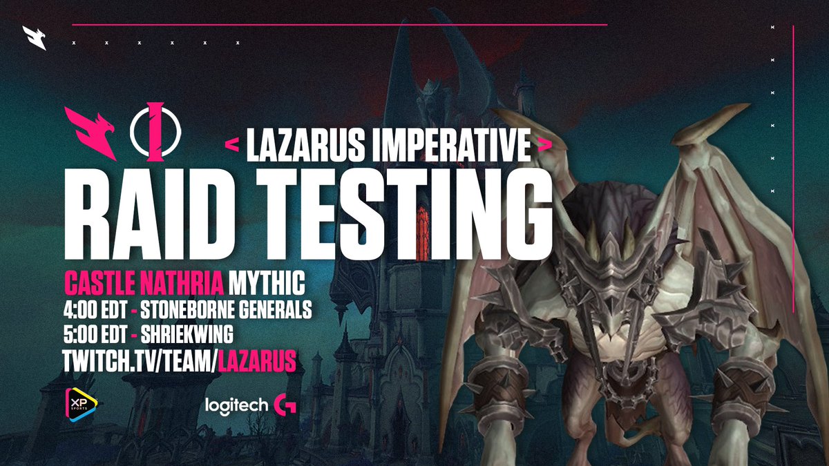 Week 3 of #Warcraft Shadowlands Mythic Raid testing begins today and multiple members of the #Lazarus <a href="/imperative_gg/">Imperative</a> team are streaming their first look at 2 new boss fights!

Check out twitch.tv/team/lazarus and support your LZR raiders!

#BleedPink #MadeToPlay