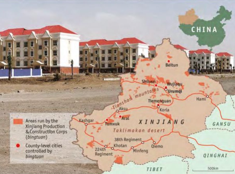 Since then Chinese military settlement (Bingtuan) were spread all over East Turkistan, Han Chinese population grew from 6% to more than 40%, while Uyghur population decreased from more than 80% to less than 50%. Bingtuan directly answers to the central government. 4/23