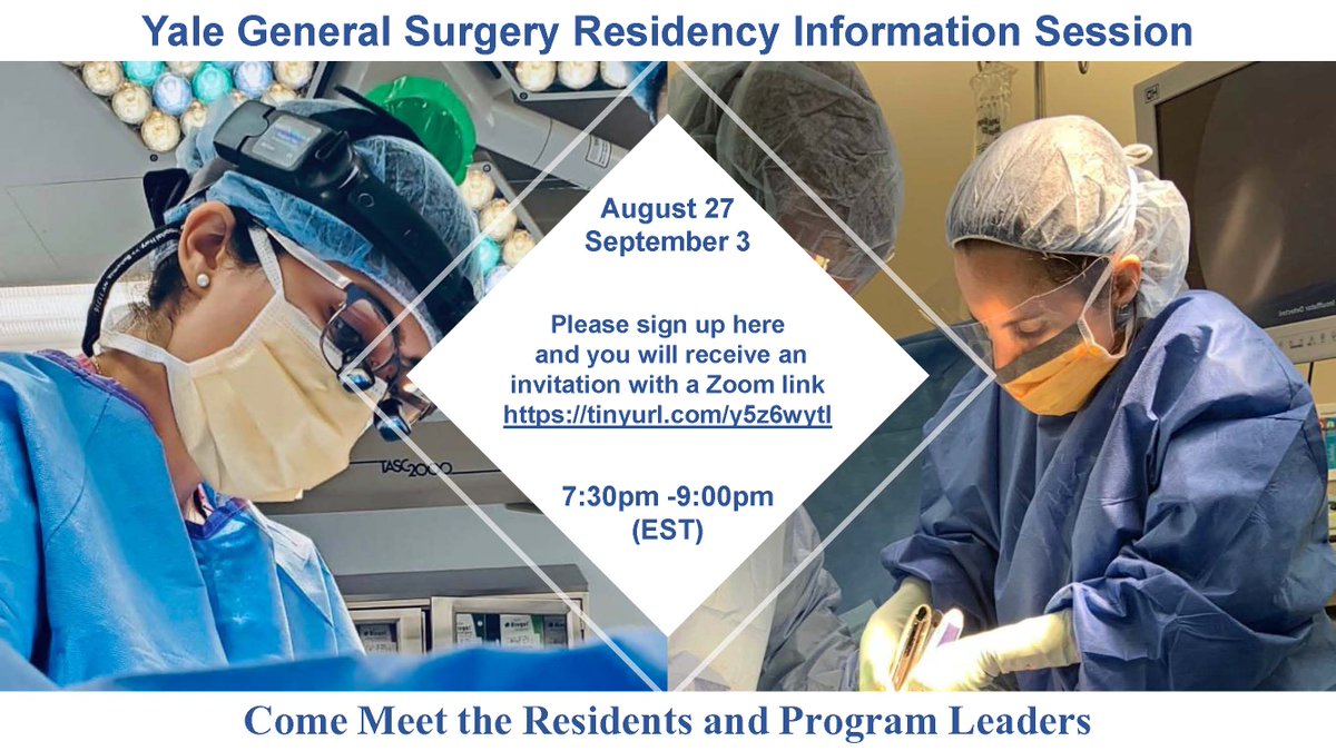 Our Info Sessions for applicants are coming up and we are so excited to meet all of you!!! 

Sign up in the link below: 

yalesurvey.ca1.qualtrics.com/jfe/form/SV_ba…

#YaleSurgLife #ApplicationSeason #Match2021 #GenSurgMatch2021