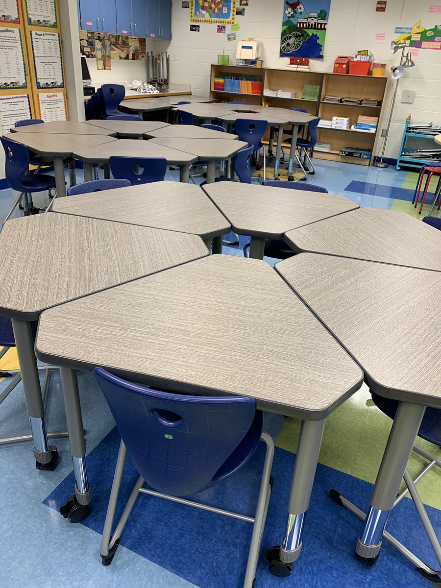 MrsVickieWilson's tweet photo. Worked in my classroom today.  And to our surprise we had these nice, new desks in our rooms!  It is strange to think that kids won’t be in there any time soon. 😞 We will make the best of this! ❤️ 📚✏️ #hesteach #spsk12proud #HPleadersofthepack https://t.co/c4o2mDS46T