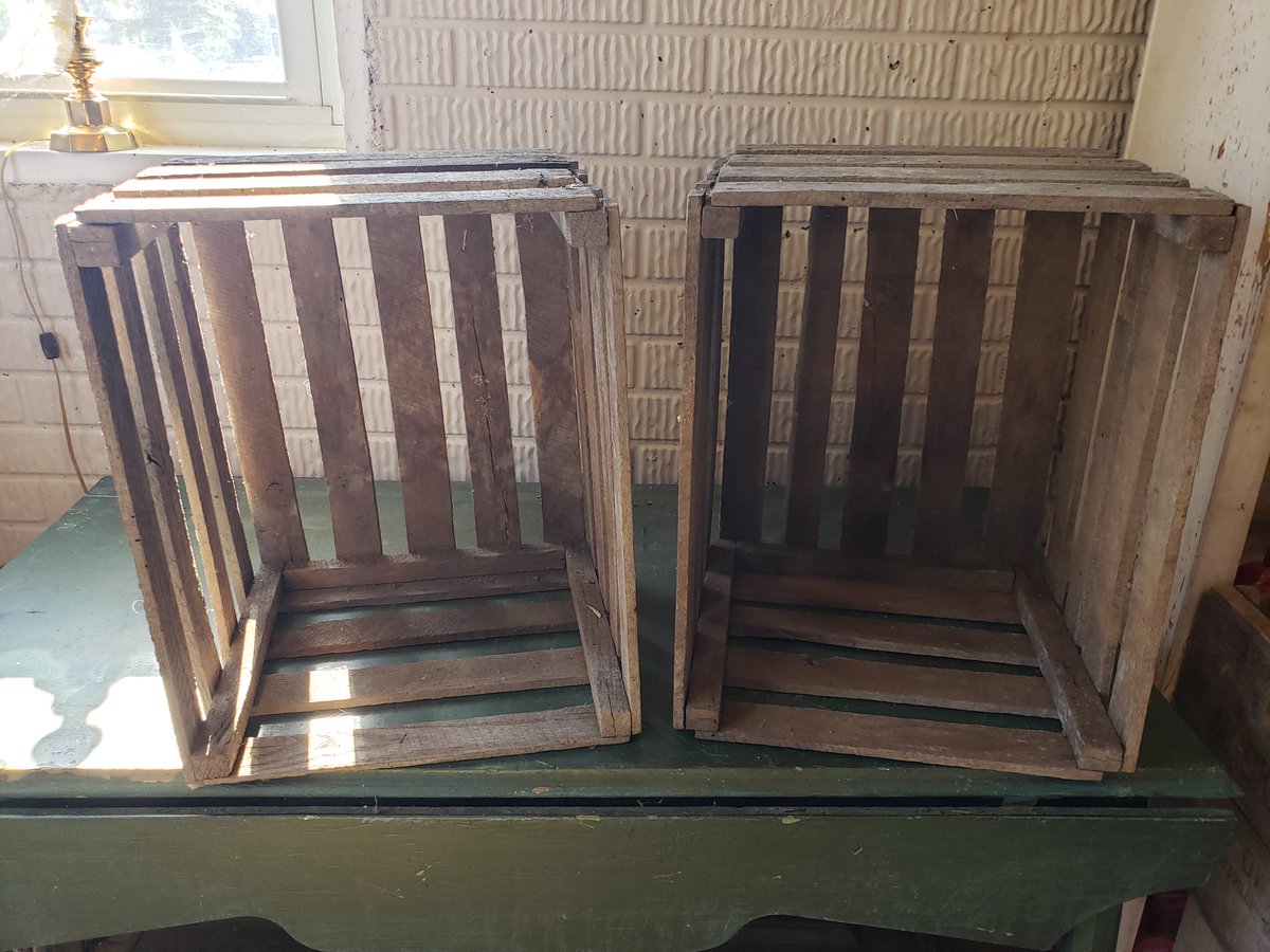 A set of old used apple crates with a lot of character!  $22 plus tax for both.  Call 740 678 7447 to set appointment time for curbside pick up.  The farm is closed at this time.