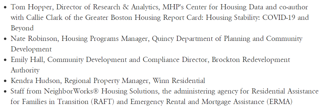Thank you to all panelists for fruitful discussion on local support and funds that are working to keep people in their homes.