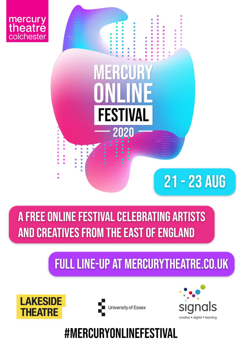 Only one day left. Great line-up. Do not miss the Mercury online festival. It starts tomorrow at 9am till Sunday!
@mercurytheatre  <a href="/LakesideTheatre/">Lakeside Theatre</a>  <a href="/Uni_of_Essex/">University of Essex</a>  <a href="/LiFTS_at_Essex/">LiFTS_at_Essex</a> <a href="/signalsmedia/">Signals</a> <a href="/CTR_Essex/">Theatre at Essex Uni</a>