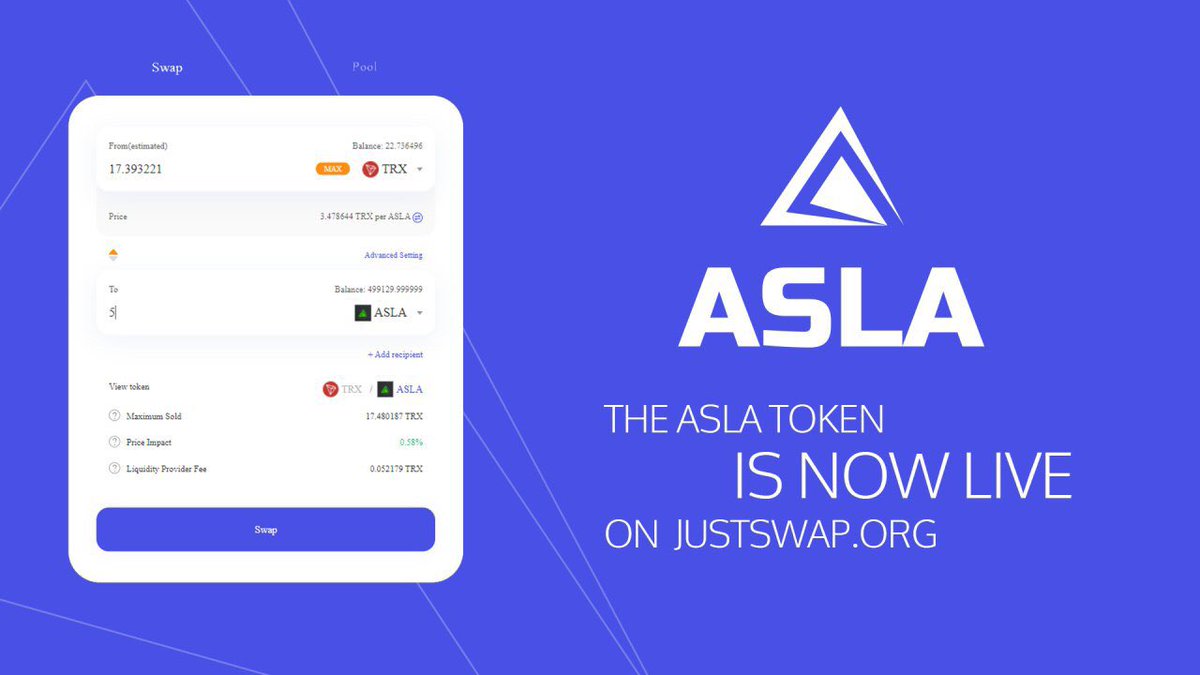 ASLAproject's tweet photo. Try the new product of the Tron Fund. Here you can sell, buy an ASLA token or provide liquidity to a trading pair earning a commission on each transaction.

Start trading:
1. Copy the link https://t.co/IcNnyz4Zxp and enter it in the wallet browser
@justinsuntron @Tronfoundation https://t.co/FNDkREcbVy