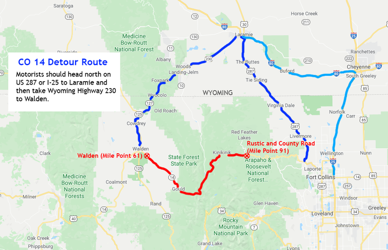 ColoradoDOT's tweet photo. ICYMI: #CO14 is closed from west of #CameronPass and Walden (Mile Point 61) for eastbound traffic & at Rustic/#CR69 (MP 91) for westbound traffic due to the #CameronPeakFire. See alternate routes below & daily updates here β‘οΈ https://t.co/h2bOWSA04m. #KnowBeforeYouGo https://t.co/E0gUtfHLry