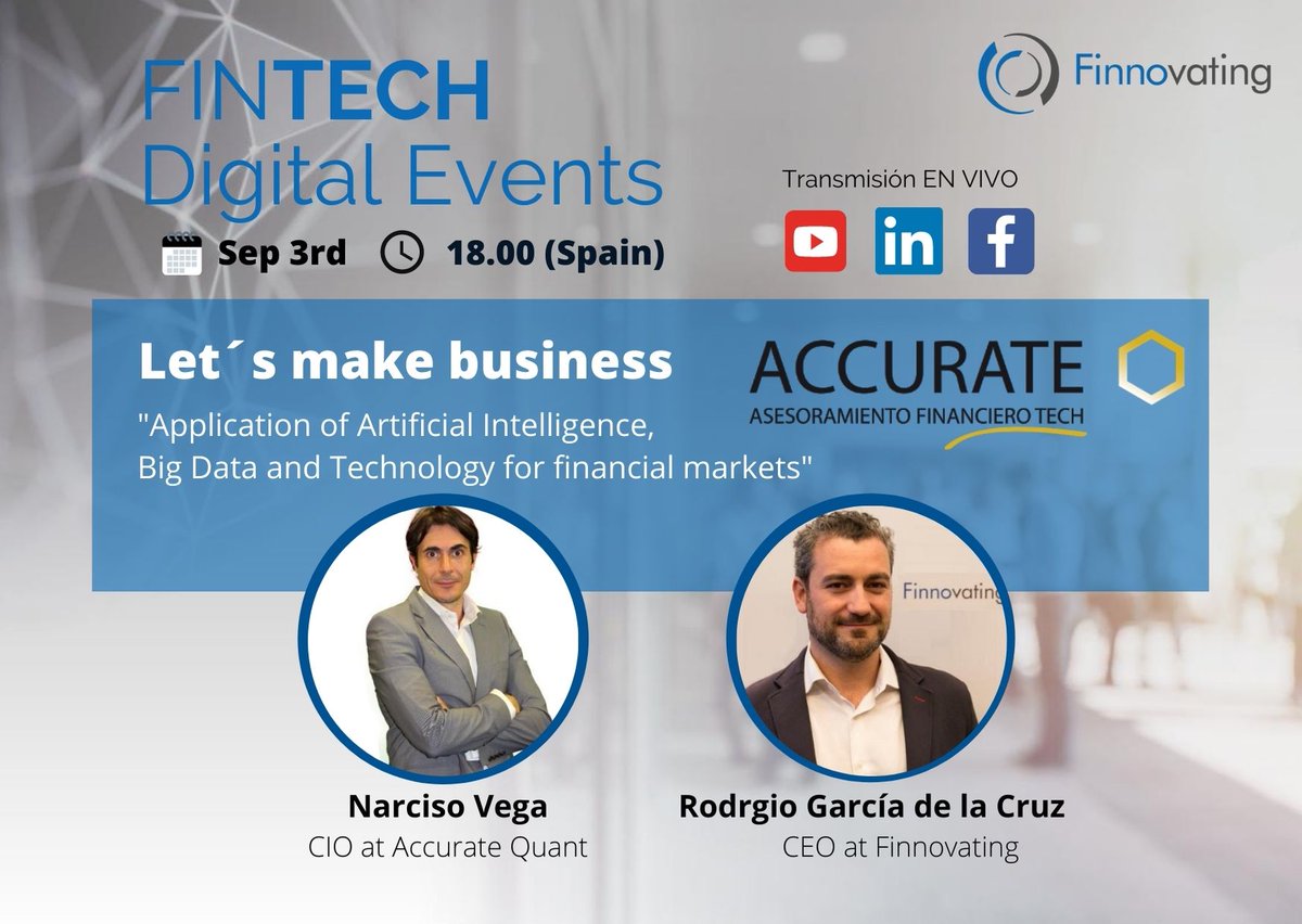 FinnovatingHub's tweet photo. EN DIRECTO🔴 3 Septiembre - 18:00h. ¡Haz tus preguntas directamente a los expertos de #QuantAdvisor en el evento en #directo!
@FinnovatingHub con @AccurateQuant_ para ayudarte en #Soluciones cuantitativas de #inversión con #Tecnología
Consigue tu entrada https://t.co/ML3ZROog86 https://t.co/EFmcdr2fK2