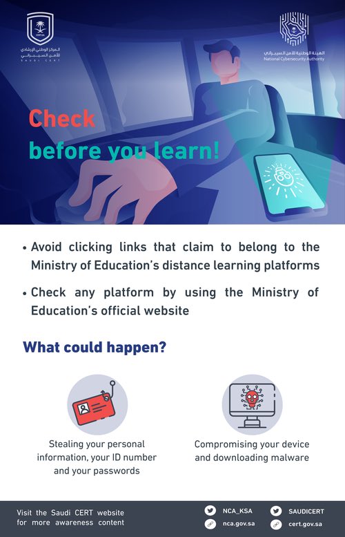 SAUDICERT's tweet photo. Our student friends👩🏻💻👨🏻💻, in order to #Safely_Learn, we must first check the links of the websites we visit while studying remotely..
https://t.co/Phq60ZwnJY
#Cybersecurity https://t.co/9L9BlDZrv6