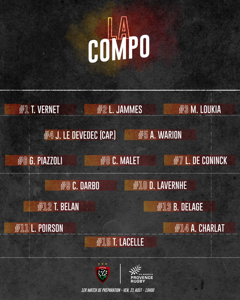 ⚫️ 🏉 🅒🅞🅜🅟🅞 🔥

35 joueurs participeront à notre première rencontre de préparation demain face au <a href="/RCTofficiel/">RCT – Rugby Club Toulonnais</a>

Les recrues @DECONINCKLucas et 𝗧𝗵𝗲𝗼 𝗕𝗲𝗹𝗮𝗻 démarreront la rencontre. 𝙸𝚖𝚙𝚊𝚝𝚒𝚎𝚗𝚝 ? 

#ProD2 #Top14