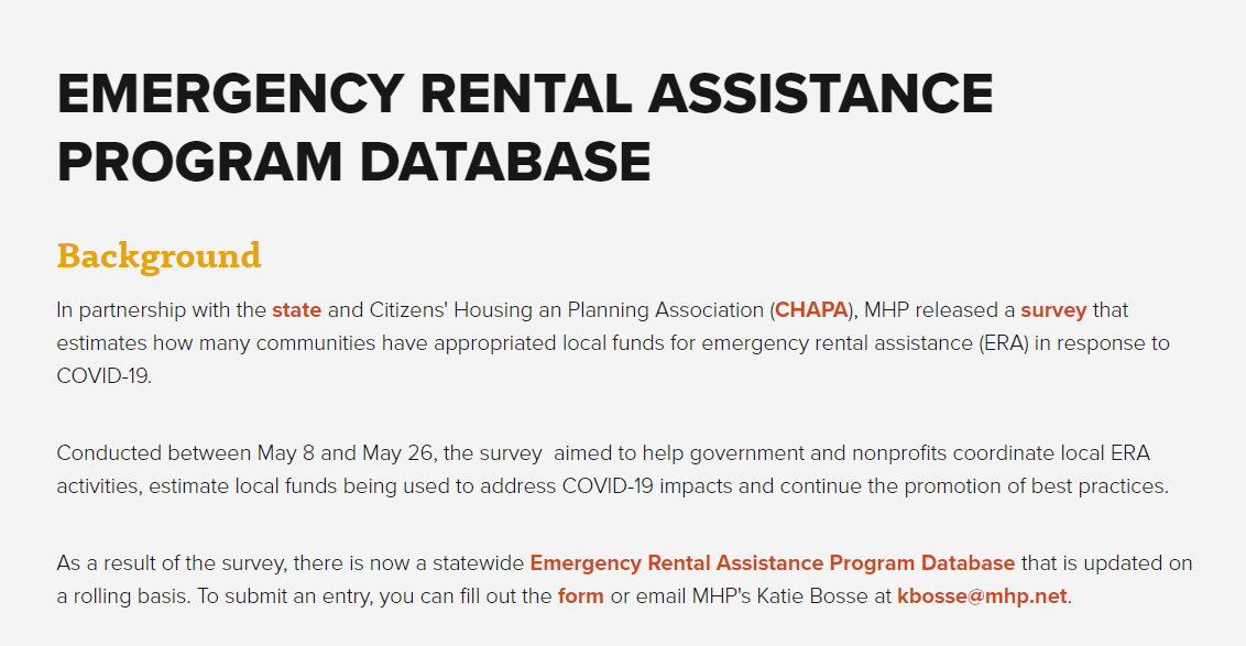 Municipal support: 83 communities across state with rental assistance programs. For more info, go to  https://www.housingtoolbox.org/covid-19-resources/emergency-rental-assistance-era-program-database  @CHAPAdotorg