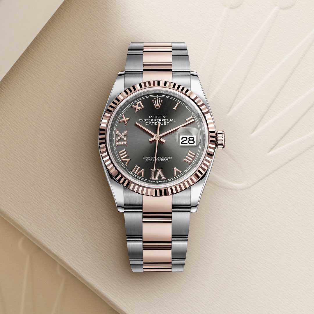 MandCoJewellers's tweet photo. The classic watch of reference. The Rolex Datejust 36 in Oystersteel and Everose gold, 36 mm case, dark rhodium set with diamonds dial, an Oyster bracelet. #Rolex #Datejust #mandco #cotswolds #cheltenham https://t.co/5yYBQ1RDDS