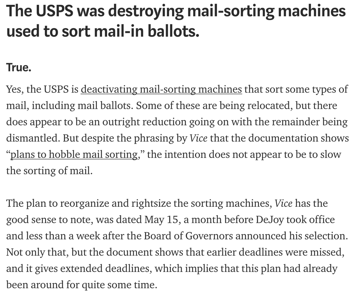 Mailboxes are one thing. But the high-speed sorting machines that are being removed? That’s where the USPS worker expressed great concern. “We need those. That’s what’s going to slow down the ballots.”See this  @genmag fact-check for more:  http://read.medium.com/C3nV8oi&nbsp;