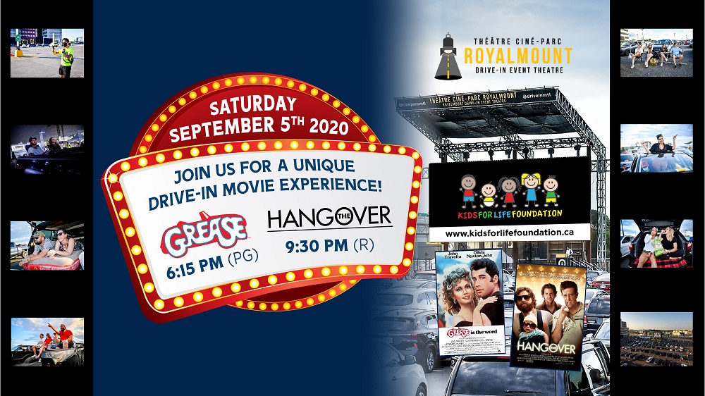 Get your tickets today for Kids for Life Foundation's drive-in movie night on Sat, Sept 5 at Royalmount Drive-in Event Theatre. It's the long weekend, so tickets will go fast! kidsforlifefoundation.ca/services
#Grease #TheHangover #driveintogetout #driveinmtl #drivein #MCHF #mtlmoments