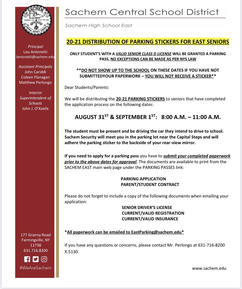 See below from Mr. Perlongo’s office. <a href="/sachemhseast/">Principal Antonetti</a> <a href="/mperlongo1/">Matt Perlongo</a>