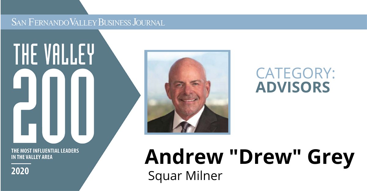 SFVBJ's tweet image. The firm where Andrew Grey is managing partner, Squar Milner, was founded in 1938 and is one of the nation&apos;s 40 largest #accountingfirms. Drew is an expert in #taxminimization, financial statement optimization and #businessconsulting. Visit squarmilner.com. 
#TheValley200