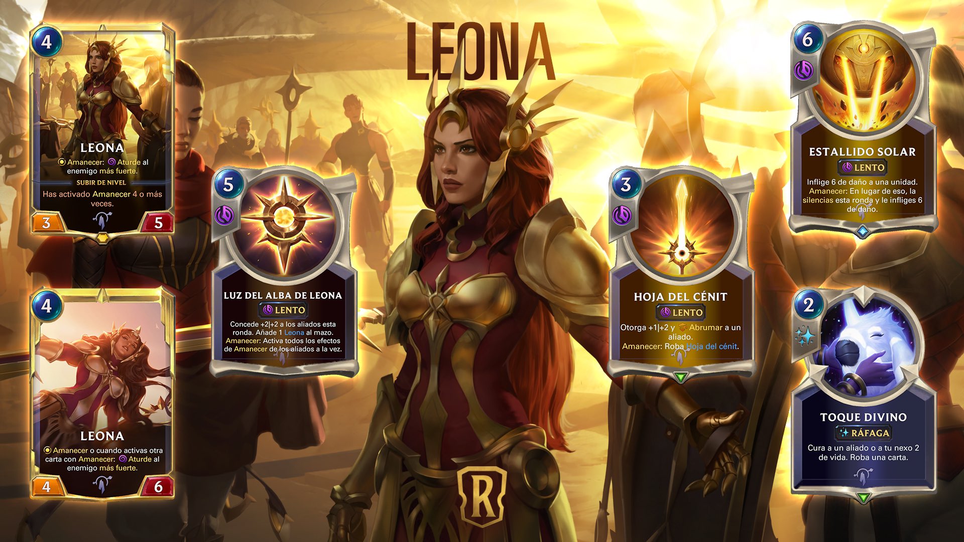 Leona y sus cartas en Legends of Runeterra. Fuente Twitter @RuneterraES