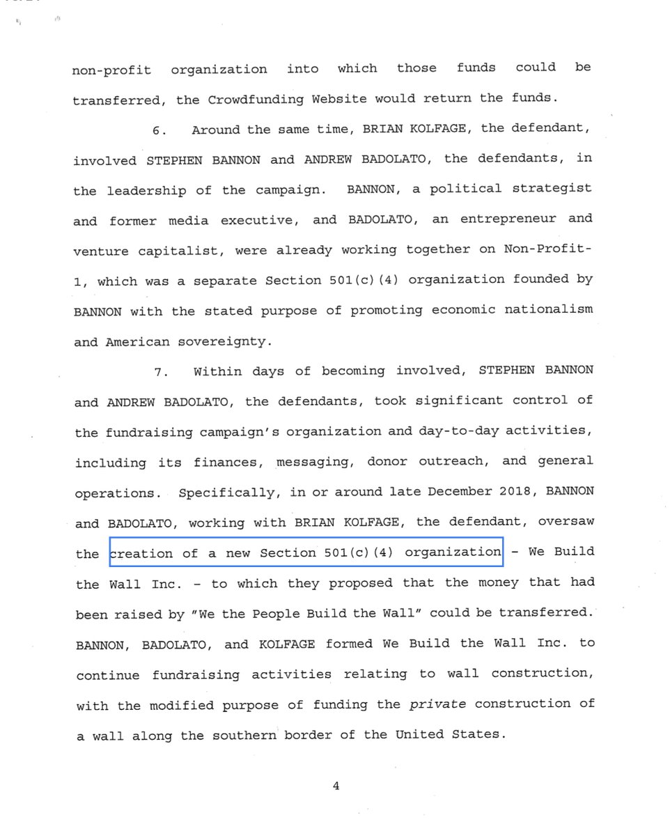 Dec 2018 - PRESENTBRIAN KOLFAGESTEPHEN BANNONANDREW BADOLATOTIMOTHY SHEA“KOLFAGE repeatedly and falsely assured the public that he would “not take a penny in salary or compensation” and that “100% of the funds raised . . . will be used in the execution of our mission..”