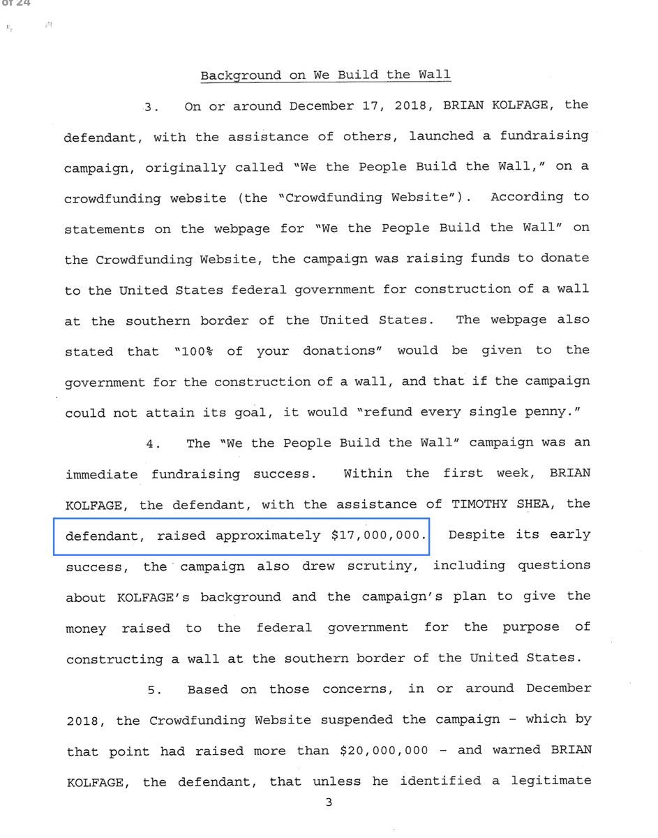 Dec 2018 - PRESENTBRIAN KOLFAGESTEPHEN BANNONANDREW BADOLATOTIMOTHY SHEA“KOLFAGE repeatedly and falsely assured the public that he would “not take a penny in salary or compensation” and that “100% of the funds raised . . . will be used in the execution of our mission..”