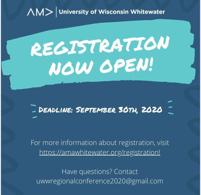 Registration for this years UW-Whitewater Virtual Regional Conference is now open! The deadline to register is September 30th! For more information and sign up links, please visit our website.

If you have any questions, please reach out to uwwregionalconference2020@gmail.com !
