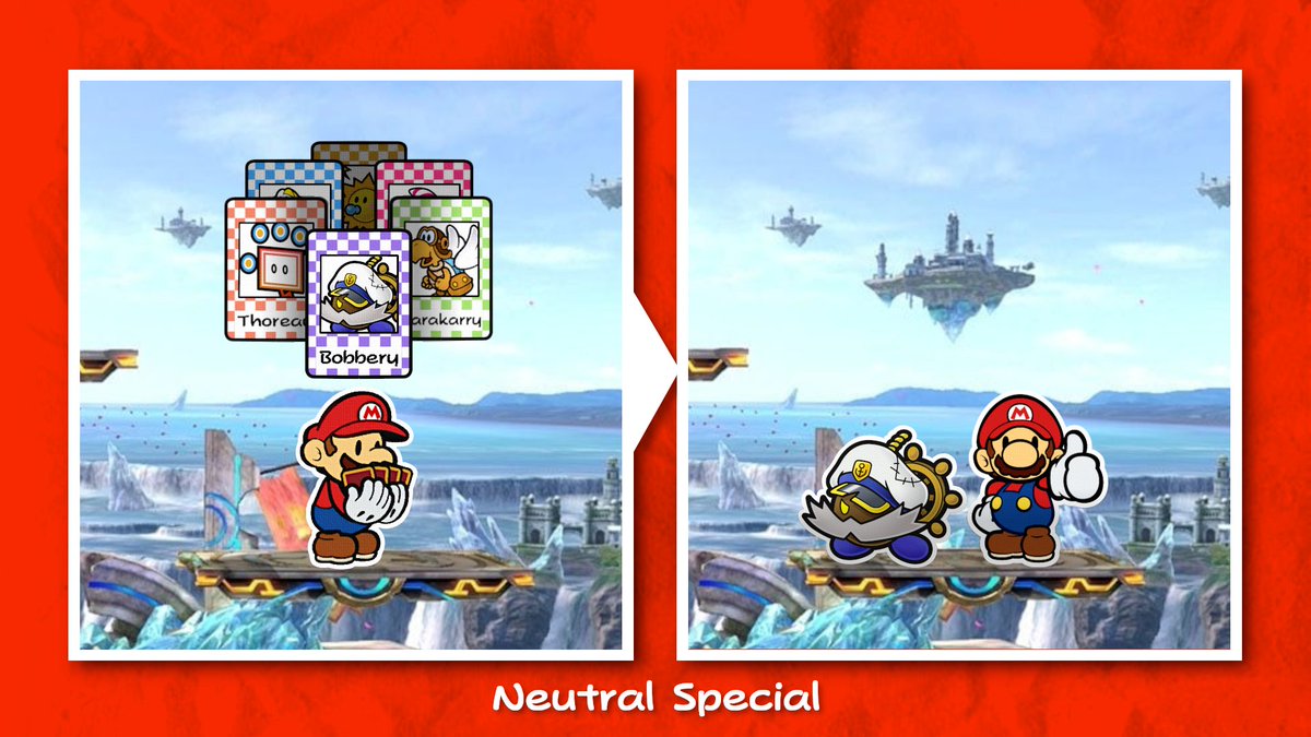 Using the Neutral Special while shielding allows Paper Mario to access the Partner Rotation. The partners are presented on cards as a nod to Super Paper Mario’s Catch Cards and Color Splash’s Battle Cards. Paper Mario can cycle through these cards similar to Shulk’s Monado Arts.