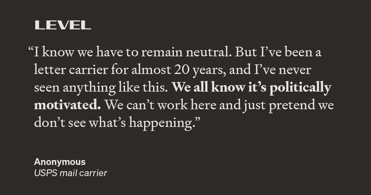 The USPS worker says they and their coworkers are not allowed to discuss what’s going on in the workplace. Under the HATCH Act, postal workers are not allowed to engage in political activity—including expressing any opinions on the situation.  http://read.medium.com/5mblR04&nbsp;