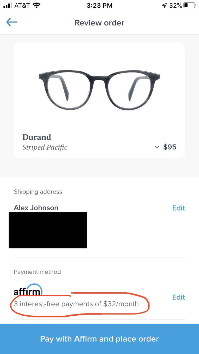 So Warby Parker advertises Affirm as a payment option, prominently within the checkout process flow (embedded finance!), and specifically says that the payments will be interest free.