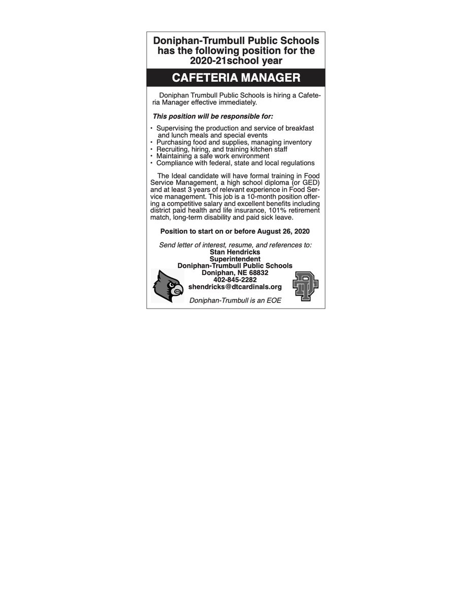 D-T Public Schools has a Cafeteria Manager position available effective immediately.