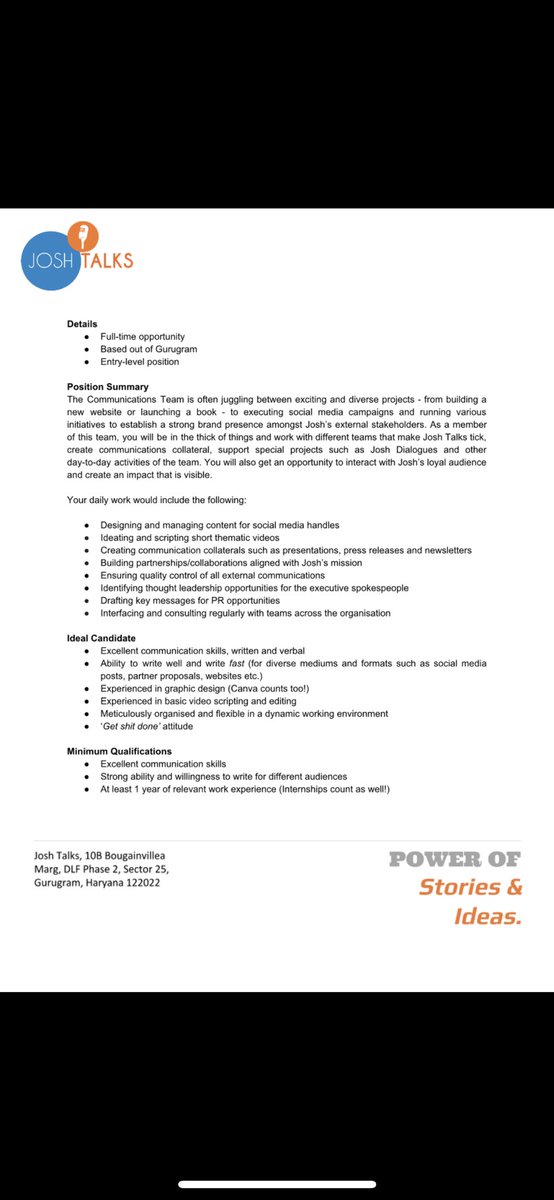  @supriyapaul93 and folks up at  @JoshTalksLive are hiring a communications associate. Absolutely fantastic mission to join and be a part of building imo. All details in these screenshots:
