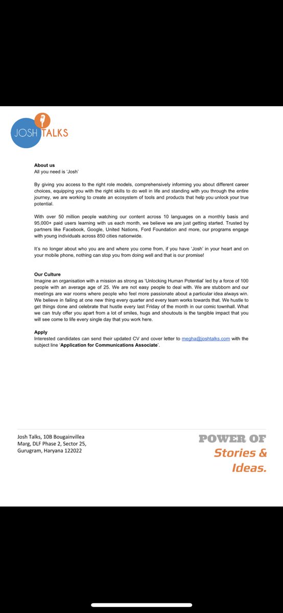  @supriyapaul93 and folks up at  @JoshTalksLive are hiring a communications associate. Absolutely fantastic mission to join and be a part of building imo. All details in these screenshots: