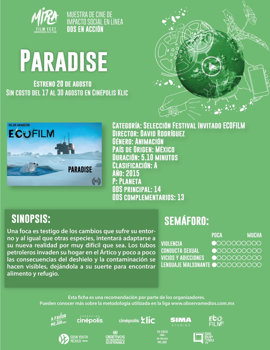 CINUmexico's tweet image. #MiraFilmFest 
Estreno: Paradise
La muestra del Mira Film Fest estará disponible en la plataforma de Cinépolis Klic® de forma exclusiva, del 17 al 30 de agosto.
#OdsEnAcción
@CinepolisKLIC  @sdsnyouthmx  @EcofilmFestival @DisruptivoTV  @afavordelomejor @SIMAawards