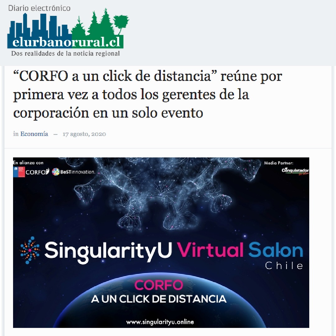 Gracias por la publicación al Diario Electrónico elurbanorural.cl
Seguimos en este camino de democratizar el conocimiento en alianza con <a href="/Bestinnova/">BeSTinnovation</a> <a href="/fomentobiobio/">Corfo Biobío</a> <a href="/Corfo/">Corfo</a> y nuestro Media Partner <a href="/FMConquistador/">El Conquistador 91.3</a>

Inscríbete en singularityu.online