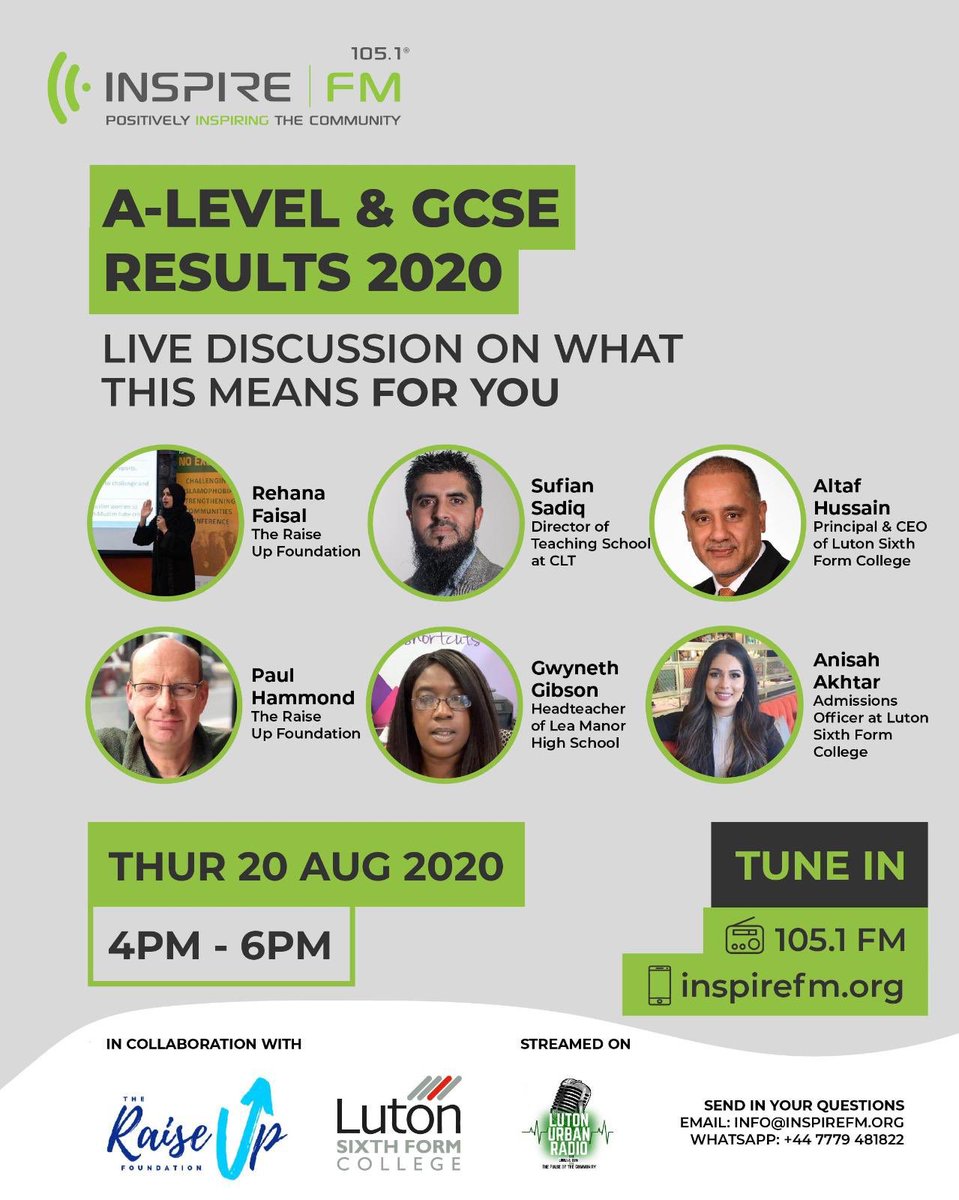 I’m live on @InspireFMLuton discussing #alevels2020 and #gcses2020 with an expert line up: @unleashing_me, @Gwyneth89214050, @paulkhammond and Altaf Hussain from @LutonSixthForm. Call us on 01582481822 or message on 07779481822