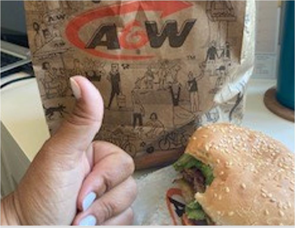 Trisha gives this burger a thumbs up! Delicious!!! Burgers to Beat MS Day at A&W. $2 from every Teen Burger® sold goes to support Canadians living with MS. @AWCanada @MSSocietyCanada #BurgersToBeatMS #supportingcustomers
