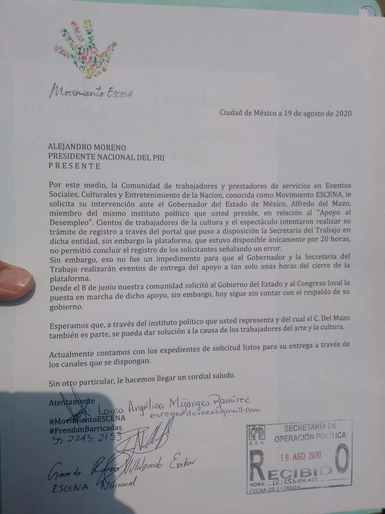 jovanolvera24's tweet photo. Agradecemos la atención y recepción del oficio de @MovESCENA con motivo del #apoyoaldesempleoedomex a @MiguelSulub y #ElliotBáez para hacerlo llegar al presidente de @PRI_Nacional @alitomorenoc quien lo entregará al Gobernador de @Edomex @alfredodelmazo.
#prendamosbarricadas https://t.co/FUQgzN5FOw