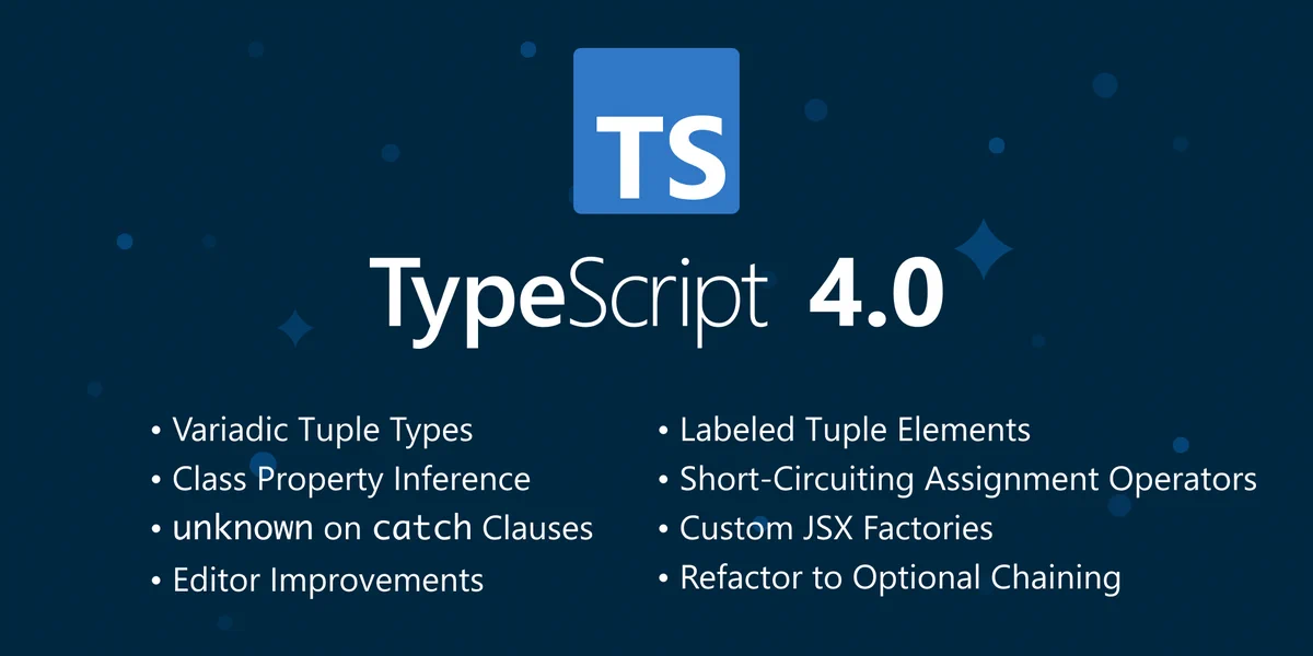 TypeScript 4.0 brings variadic tuples, labeled tuple elements, class property inference, new assignment operators, safer exception handling with 'unknown' in catch clauses, custom JSX factories, some great editor improvements, and more!