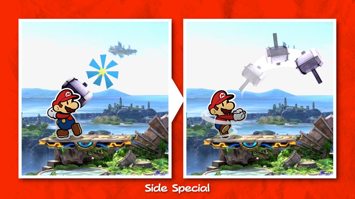 Paper Mario’s Side Special is Hurlhammer Throw. Pressing Side + B will cause Paper Mario to pull out a metal Hurlhammer and begin winding up for a hefty swing. Pressing B again will cause Paper Mario to spin around, hurling the hammer ahead of him in a high parabolic arc.