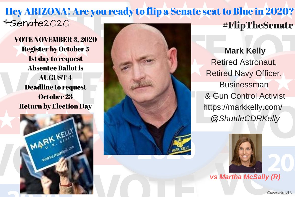 Hey  #ARIZONA! Bye to Martha McSally in 2020?Special Election! VOTE Nov 3, 2020 #Senate2020  #AZMark Kelly https://markkelly.com  @ShuttleCDRKellyDonate Here:  https://secure.actblue.com/donate/mek-websiteMerch here:  https://store.markkelly.com/ THREAD  #23GOP #FlipTheSenate