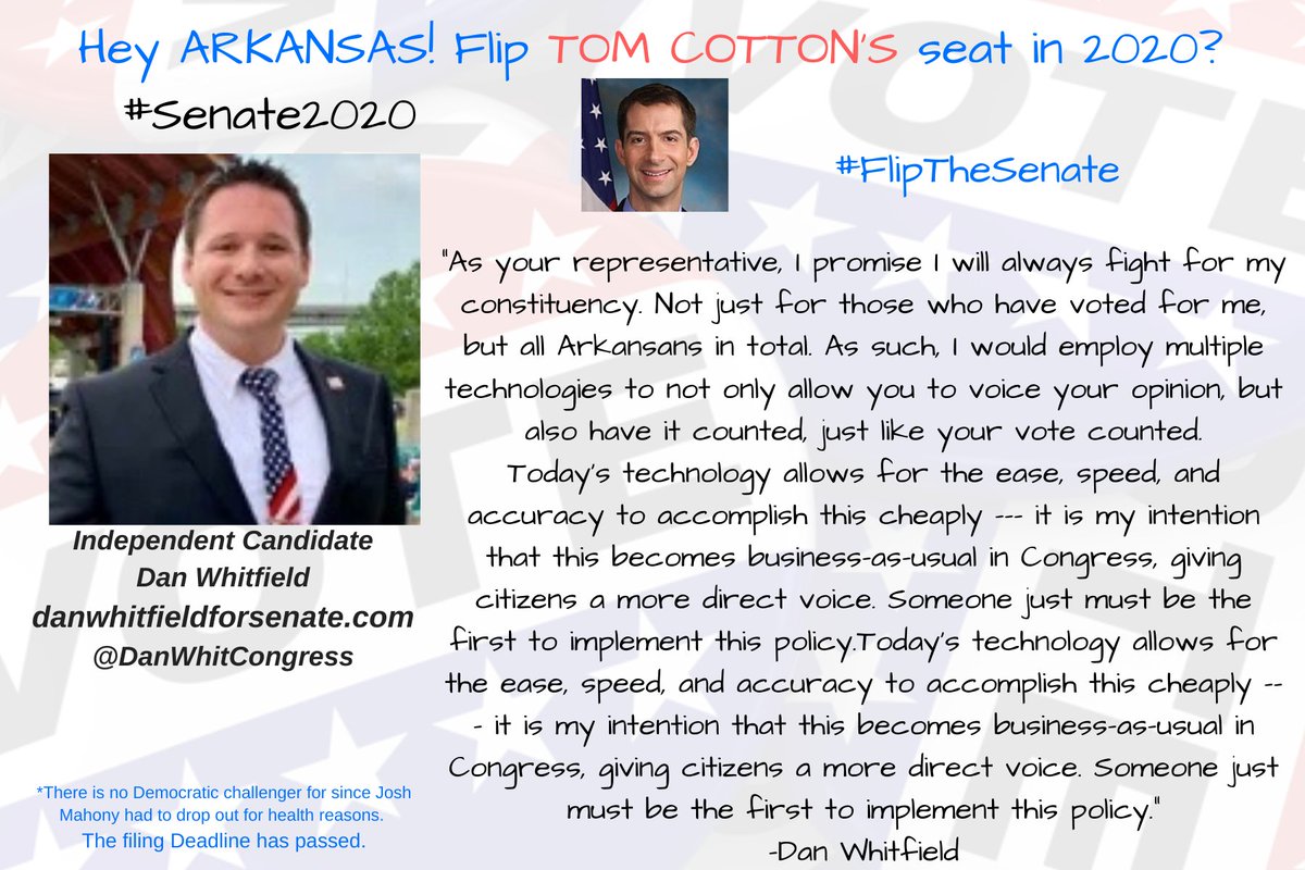 Hey  #ARKANSAS! Can you please ditch Tom Cotton?Check out the Challenger for the seat  #Senate2020 Independent CandidateDan Whitfield https://danwhitcongress.us/ Contribute here:  https://danwhitcongress.us/donate  @DanWhitCongressTHREAD  #23GOP #FlipTheSenate  #PostcardsforAmerica