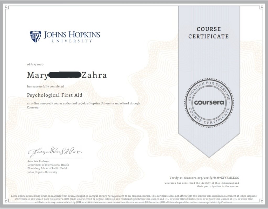 Following the pandemic and the #BeirutBlast, there is a great need for #PsychologicalFirstAid interventions in the country. 
So I recently finished a @coursera course on psychological 1st aid, in the hopes of being able to put my knowledge in the service of the Lebanese ppl soon!
