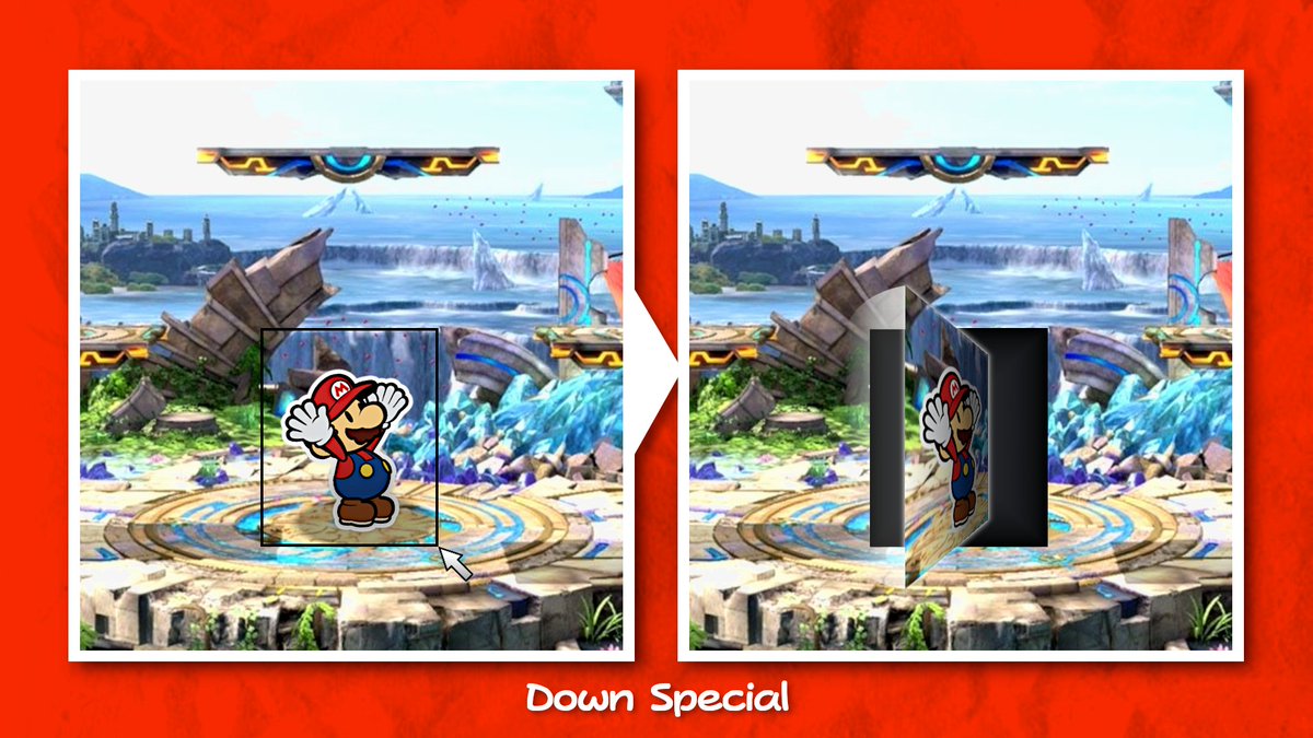 Paper Mario’s Down Special is the Dimensional Flip from Super Paper Mario! A “mouse cursor” drags a black square around Paper Mario. Then, the square - with Paper Mario contained within it - quickly does a 360 flip into the third dimension.