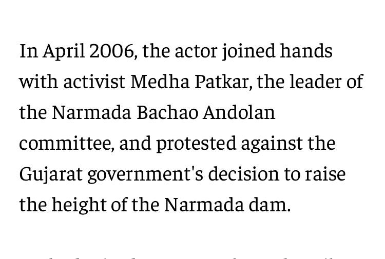 Know Your Aamir Khan [Part-4]Aamir in 2006,joined hands with Medha Patekar to protest against BJP govt. decision to raise the height of Narmada dam halting the development of Gujrat where today sardar Patel statue is built and of Madya Pradesh.