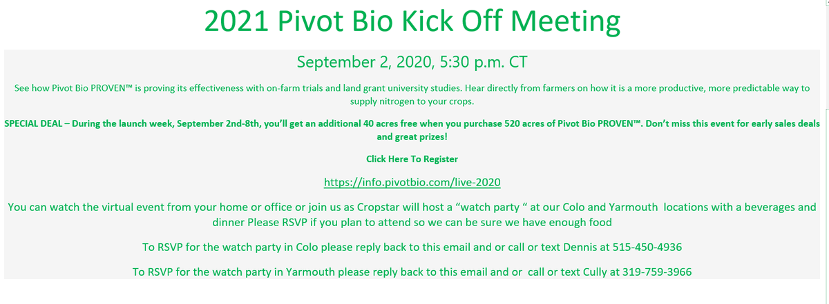 dennis_hapes's tweet photo. @AgCropstar Cropstar and @pivotbio would like to invite you to a ground breaking virtual event 2021 Pivot Bio Kick Off Meeting September 2, 2020, 5:30 p.m. CT See how Pivot Bio is proving its effectiveness with on-farm trials and university studies. https://t.co/6KDsxNia2l https://t.co/HpkmdmaBhw