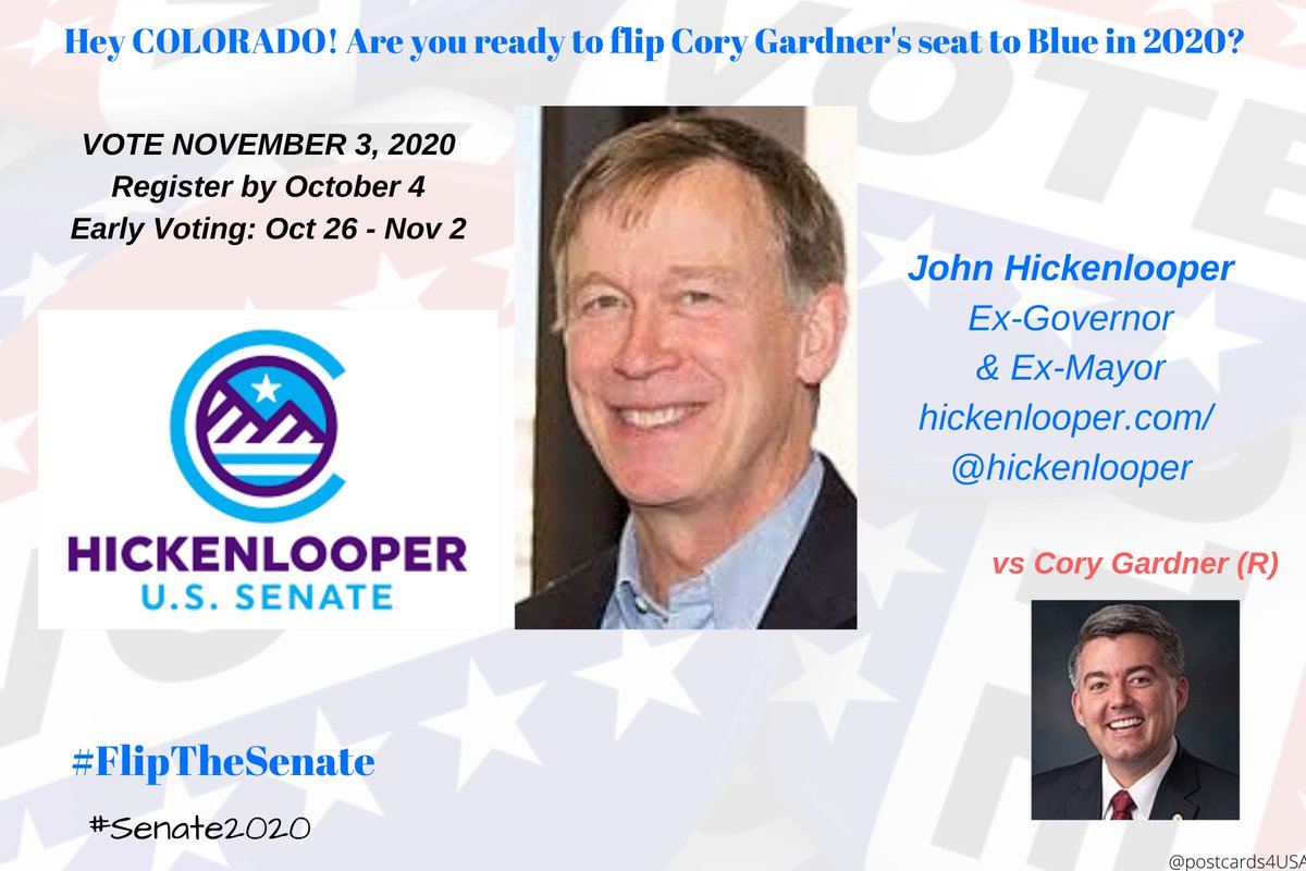 Colorado  #Senate2020  #FlipTheSenateBye to  @SenCoryGardner! #CO  #Senate2020  #FlipTheSenate Democratic Challenger:John Hickenlooper Website  http://hickenlooper.com/ Donate here:  https://secure.actblue.com/donate/jwh  @HickenlooperTHREAD  #23GOP  #PostcardsforAmerica