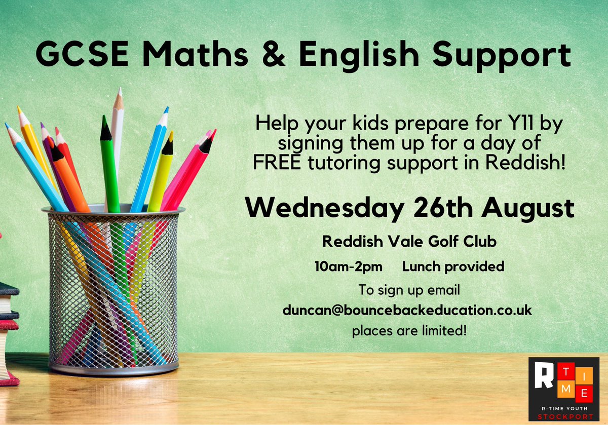 BouncebackEd's tweet image. Next Wednesday we’re running a free GCSE Maths &amp;amp; English Support Day for kids going into Y11 in #Reddish with our #SocialEnterprise partners @pieuksocial 📚 Sign up details are below, places are limited! 

#Stockport #Tutoring