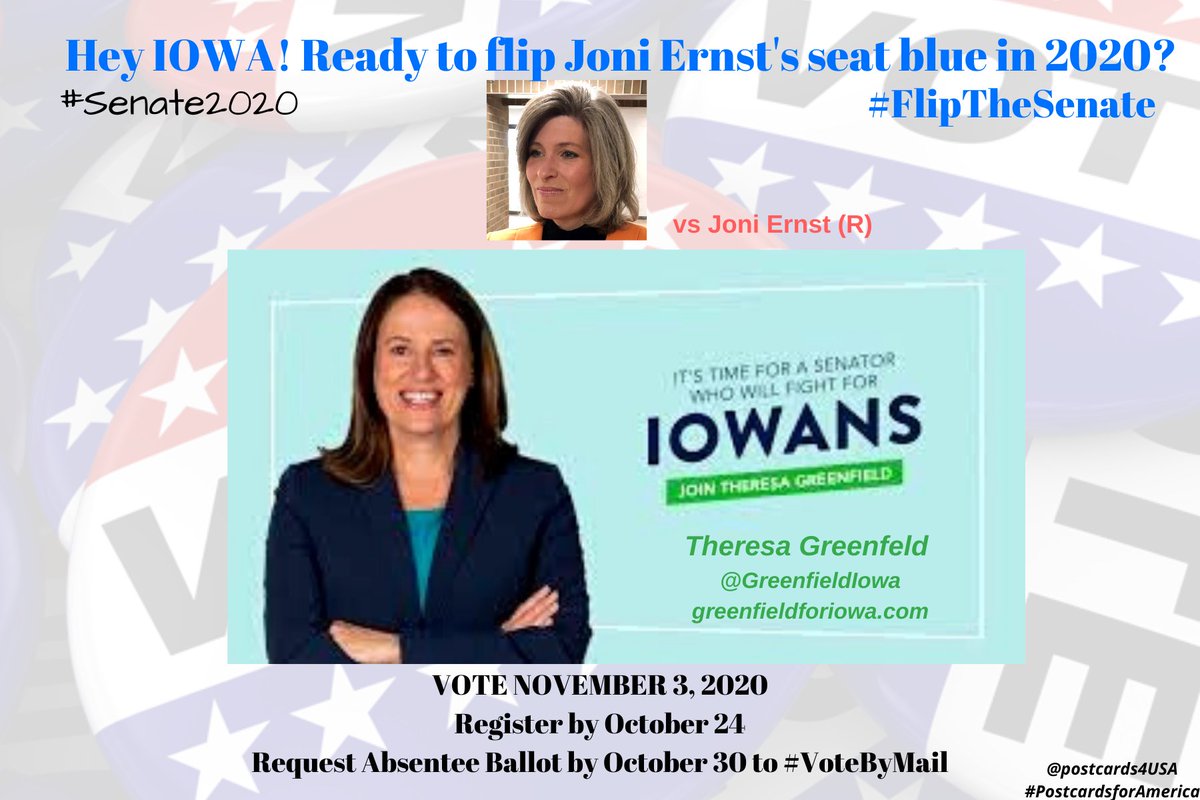 Hey  #IOWA! Joni Ernst is up  #Senate2020Democratic ChallengerTheresa Greenfeld  @GreenfieldIowa http://greenfieldforiowa.com Donate:  https://secure.actblue.com/donate/tg-website-2020THREAD  #23GOP  #FlipTheSenate  #PostcardsforAmericaDemocratic Candidates All 50 States here https://www.postcardsforamerica.com/all-democratic-candidates-by-state.html