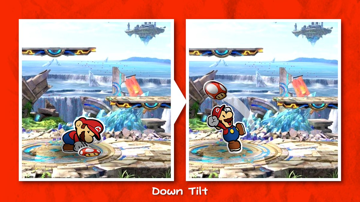 For his d-tilt, Paper Mario peels a Sticker off of the ground, throwing his arms - and the sticker - into the air to damage opponents in front of and above him. (Similar to Villager’s weed pull)