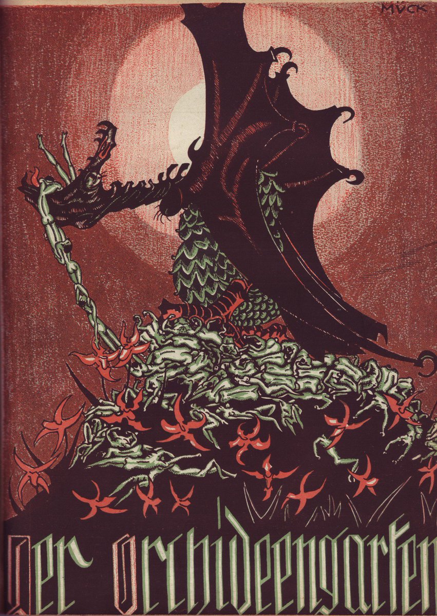 The shattering effect of the Great War is evident in the style of the early Orchideengarten covers. Issue three has a gaping dragon's mouth against a dying sun, devouring a chain of corpses. Rolf von Hoerschelmann's interior illustrations reflect the horror of no man's land.
