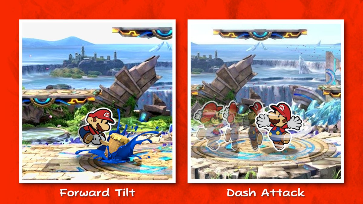 For his f-tilt, Paper Mario slams his Painthammer in front of him, splashing globs of paint ahead. The hammer deals solid damage, and as a bonus the paint globs slightly damage opponents they hit.