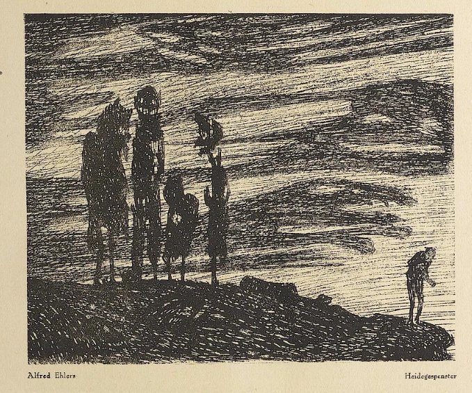 Interior illustrations in Der Orchideengarten had many influences, from traditional woodcut prints to Art Nouveau. Artists included Alfred Kubin, Wilhelm Heise, Alfred Ehlers and Edwin Hemel.